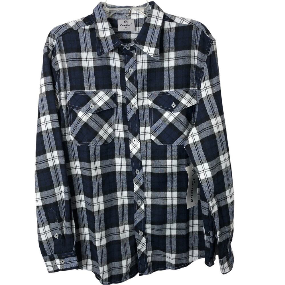 Centro NWT Men's Navy Blue Plaid Flannel Long Sleeve Shirt Size XL